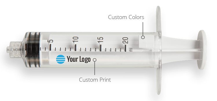 White syringe with ability to customize colors, logo and pring